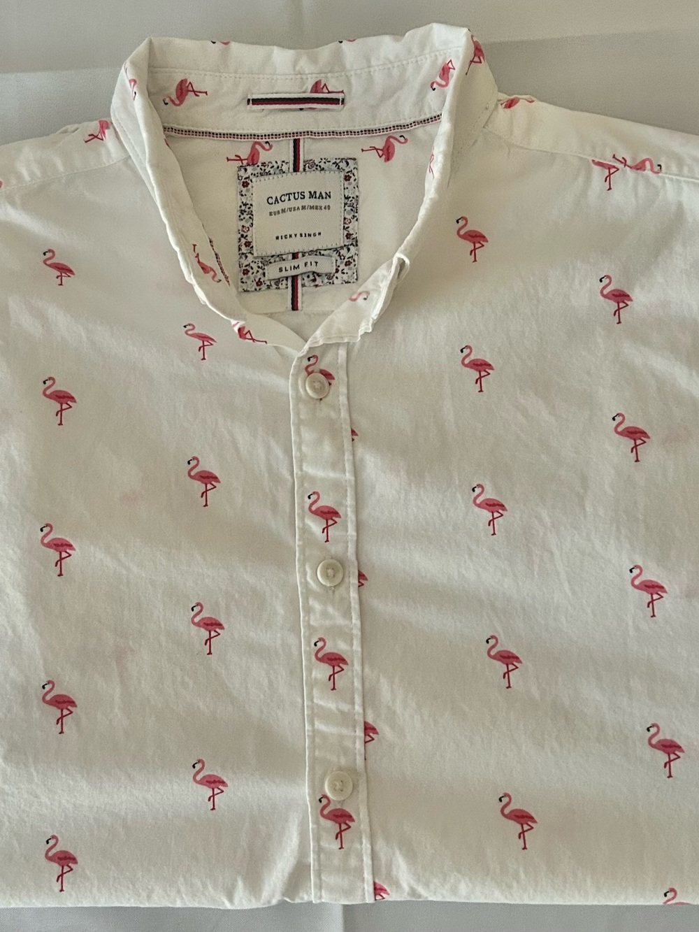 Cactus Man Ricky Singh White Button-Up Shirt with Pink Flamingo Print